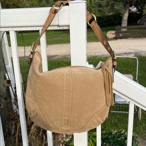 CoachTan Suede Hobo Bag 8A16, gold hardware 14x12